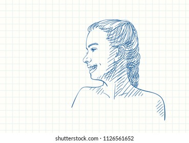 Face of smiling young teenage girl in profile with braided hair, Blue pen sketch on square grid notebook page, Hand drawn vector illustration