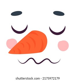Face of snowman cartoon character vector illustration. Comic character with carrot for nose isolated on white background. Winter holidays