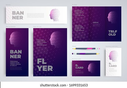 Face and squares Set flyer cover, tri-fold, banner, roll up banner, business card