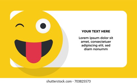 Face With Stuck-Out Tongue and Winking Eye Emoji vector illustration. Laugh concept. Gift card note / Thank you note template with text box.