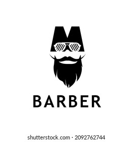 face of a stylish man in sunglasses, with a mustache and a beard. logo for brand