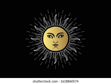 The face of the sun with golden colors and rays for the spiritual guidance of the tarot reader