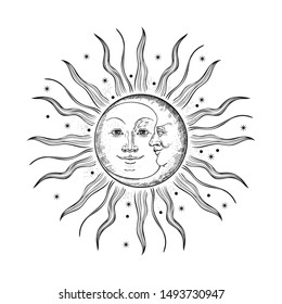 The Face Of The Sun And Moon. Retro Illustration. Engraving, Tattoo Sketch. Rays And Stars.