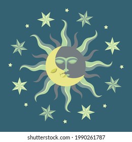 The face of the sun and moon. Retro illustration. Rays and stars. Medieval Occult Astrology symbol. Vector Illustration.