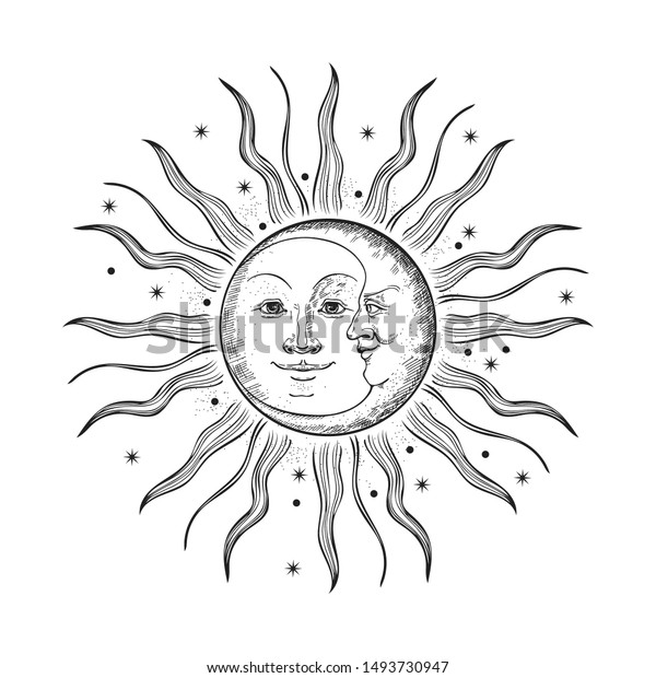 太陽と月の顔 レトロなイラスト 彫刻 刺青のスケッチ 光と星 のベクター画像素材 ロイヤリティフリー