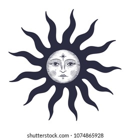 the face of the sun and the moon, the stars, the Masonic tattoo, the design of T-shirts, alchemy, Akultism, medieval religion, retro, spirituality and isoteric tattoo. space and stars. vector graphic