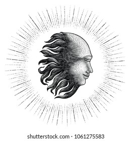 Face in Sun with sparkle hand drawing vintage engraving money line detail style for tattoo