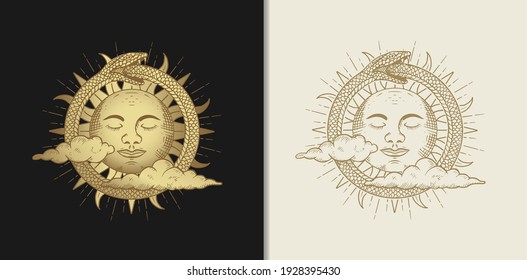 The face of the sun surrounded by snakes and decorated with clouds, illustration with esoteric, boho, spiritual, geometric, astrology, magic themes, for tarot reader card or posters