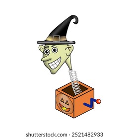 Face in a surprise box having a halloween hat