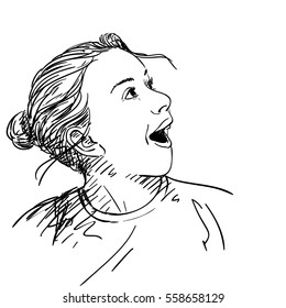 Face Of Surprised Girl With Her Mouth Open, Hand Drawn Vector Illustration, Hand Drawn Illustration, Vector Black Sketch On White Background