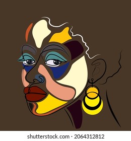 Rostro Surreal Estilo minimalista moderno retrato de belleza femenina. Imprimir el afiche Líneas de contorno negro y manchas de color. Cara abstracta de una mujer afroamericana.