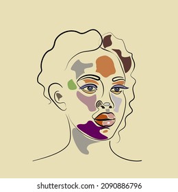 Face Surreal Minimalistic modern style female beauty portrait. Print poster Black contour lines and colored spots. Abstract face of an African American woman.