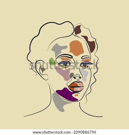 Face Surreal Minimalistic modern style female beauty portrait. Print poster Black contour lines and colored spots. Abstract face of an African American woman.