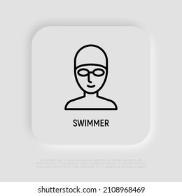 Cara de nadador en gorra de natación y gafas. Icono de línea delgada. Ilustración vectorial moderna.