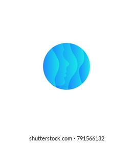 Face symbol. Cosmetics logotype. Abstract waving round shape, blue face with water waves vector logo template.