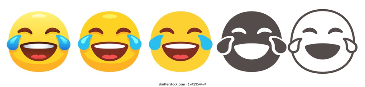 Face with Tears of Joy. Joyful joke, weep with joy emoticon, smile and cry emoticon. Loud laugh, tear drops and laughing yellow face flat vector icons set