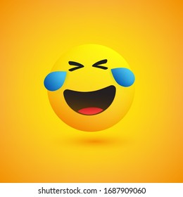 Face with Tears of Joy - Laughing Crying Emoticon on Yellow Background - Vector Illustration