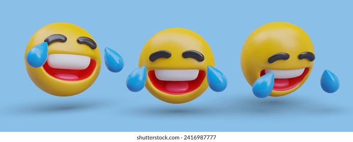 Cara con lágrimas de alegría. Conjunto de emoticones riéndose con la boca abierta y los ojos cerrados. Muy gracioso, LOL. Cabezas 3D al estilo de las caricaturas, vistas desde diferentes lados