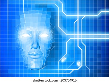 A face technology background abstract concept of a blue face emerging from an electronic grid 