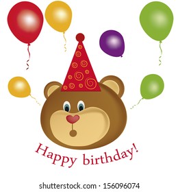 the face of a teddy bear with a hat saying happy birthday with some balloons