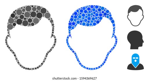 Face template composition of small circles in variable sizes and shades, based on face template icon. Vector small circles are organized into blue mosaic.