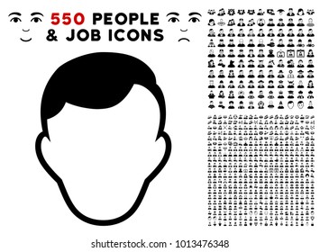 Face Template icon with 550 bonus pitiful and happy jobs pictographs. Vector illustration style is flat black iconic symbols.