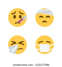 Face with Thermometer, Face with Head-Bandage, Sneezing Face, Face with Medical Mask. Vector illustration smiley emojis, emoticons, icons, symbols, faces set, group.