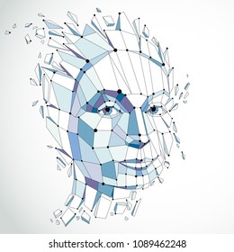 Face of a thinking woman created in low poly style and with connected lines, 3d vector blue wireframe human head, brain exploding which symbolizes intelligence and imagination.