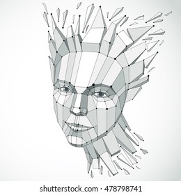 Face of a thinking woman created in low poly style and with connected lines, 3d vector grayscale wireframe human head, brain exploding which symbolizes intelligence and imagination.