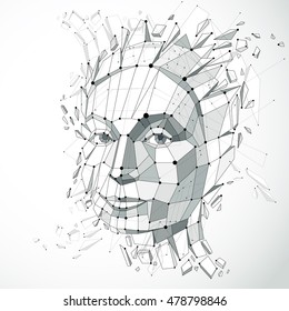Face of a thinking woman created in low poly style and with connected lines, 3d vector grayscale wireframe human head, brain exploding which symbolizes intelligence and imagination.