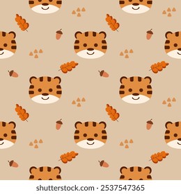 Face tiger cartoon so cute. On leaf acorn background. Pattern seamless vector illustration. 