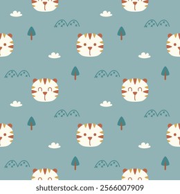 Face tiger cartoon so cute. On tree mountain cloud background. Pattern seamless vector illustration. 