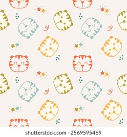 Face tiger cartoon so cute. On star background. Pattern seamless vector illustration. 
