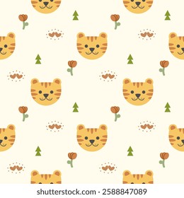 Face tiger cartoon so cute. On tree heart flower background. Pattern seamless vector illustration. 