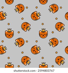 Face tiger and crown cartoon so cute. On star gray background. Pattern seamless vector illustration. 
