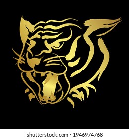 Gesichtstiger Tiger mit goldener Farbgrenze einzeln auf schwarzem Hintergrund (Vektorflachkonzept)