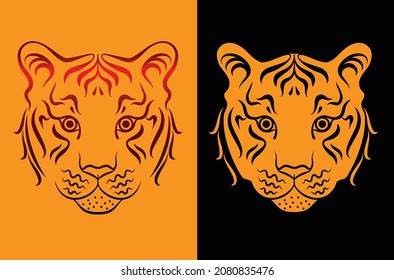 The face of a tiger looking straight. calligraphic drawing logo tattoo art. Can be used as a print on a T-shirt.