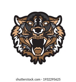 La cara de un tigre sobre un fondo blanco. Tigre de patrones maoríes. Identidad corporativa exclusiva. Ilustración vectorial.