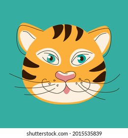 The face of a tiger in orange and black colors with green eyes on an emerald background. Vector illustration in the style of line art
