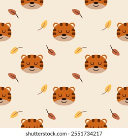 Face tiger sleep cartoon so cute. On leaf background. Pattern seamless vector illustration. 
