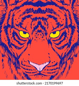 The face of a tiger in a thicket of ferns. Vector illustration