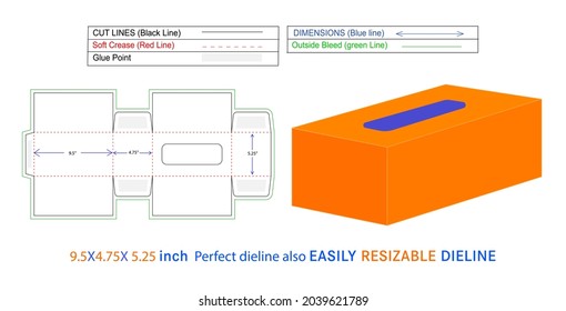 Face tissue box perfect dieline and 3D box vector file 9.5x4.75x5.25 inch box dieline also resizable and editable