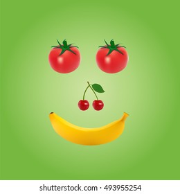 Face with tomatoes are eyes,  cherry are nose and banana is mouth.