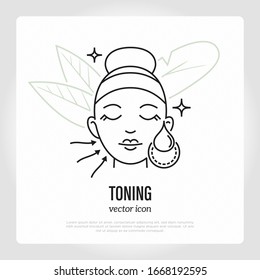 Face toner or lotion, skin care step of light moisturizing. Water drops on girl's face. Vector illustration.