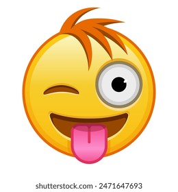 Cara con la lengua que cuelga fuera y guiñando el ojo tamaño Grande de la sonrisa amarilla del emoji con el pelo