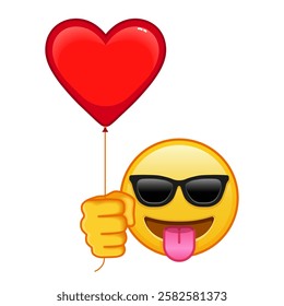 Face with tongue and sunglasses with red heart baloon Large size of yellow emoji smile