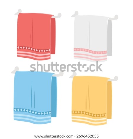 Face towel or washcloth vector set in flat cartoon style. Face towel hanging on holder. Bathroom accessory, personal hygiene item.