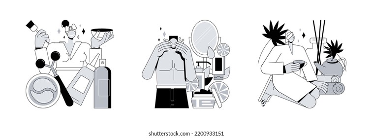Face treatment abstract concept vector illustration set. Cosmetology and skincare, spa salon, natural cosmetic, eye lifting, body care, aromatherapy, relax massage, wellness abstract metaphor.