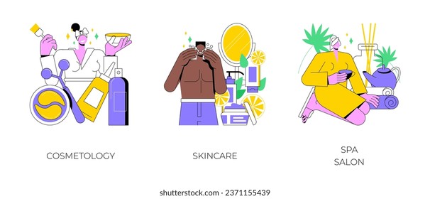 Face treatment abstract concept vector illustration set. Cosmetology and skincare, spa salon, natural cosmetic, eye lifting, body care, aromatherapy, relax massage, wellness abstract metaphor.