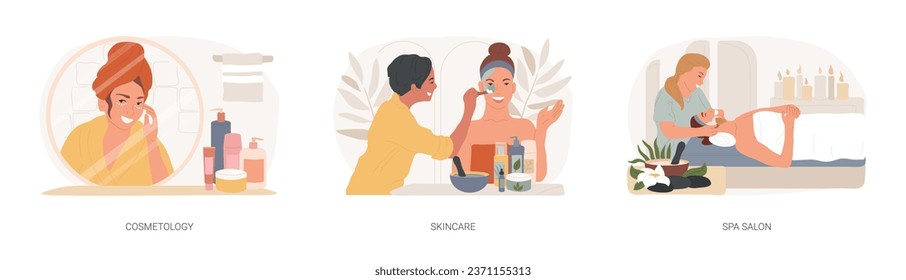 Face treatment isolated concept vector illustration set. Cosmetology and skincare, spa salon, natural cosmetic, eye lifting, body care, aromatherapy, relax massage, wellness vector concept.
